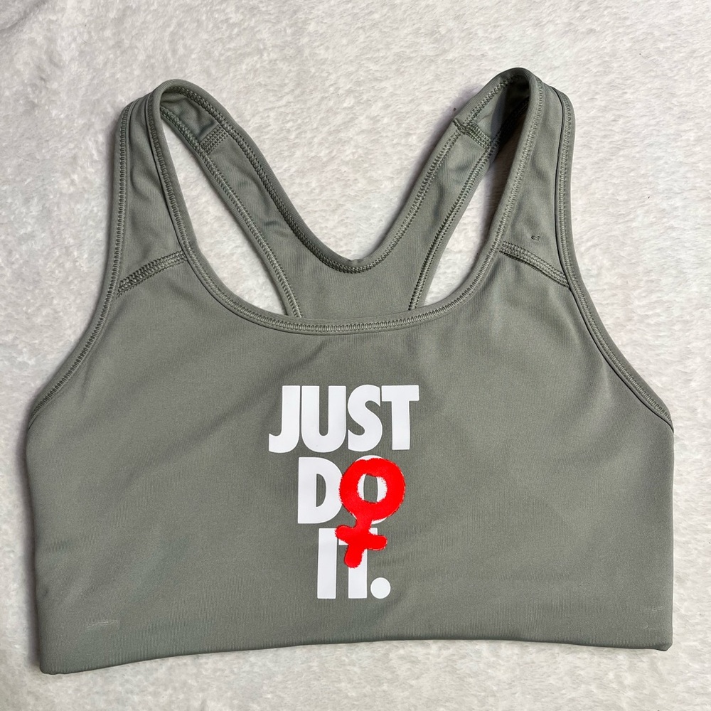 Nike Olive Green Racerback Sports Bra with White & Red Graphic